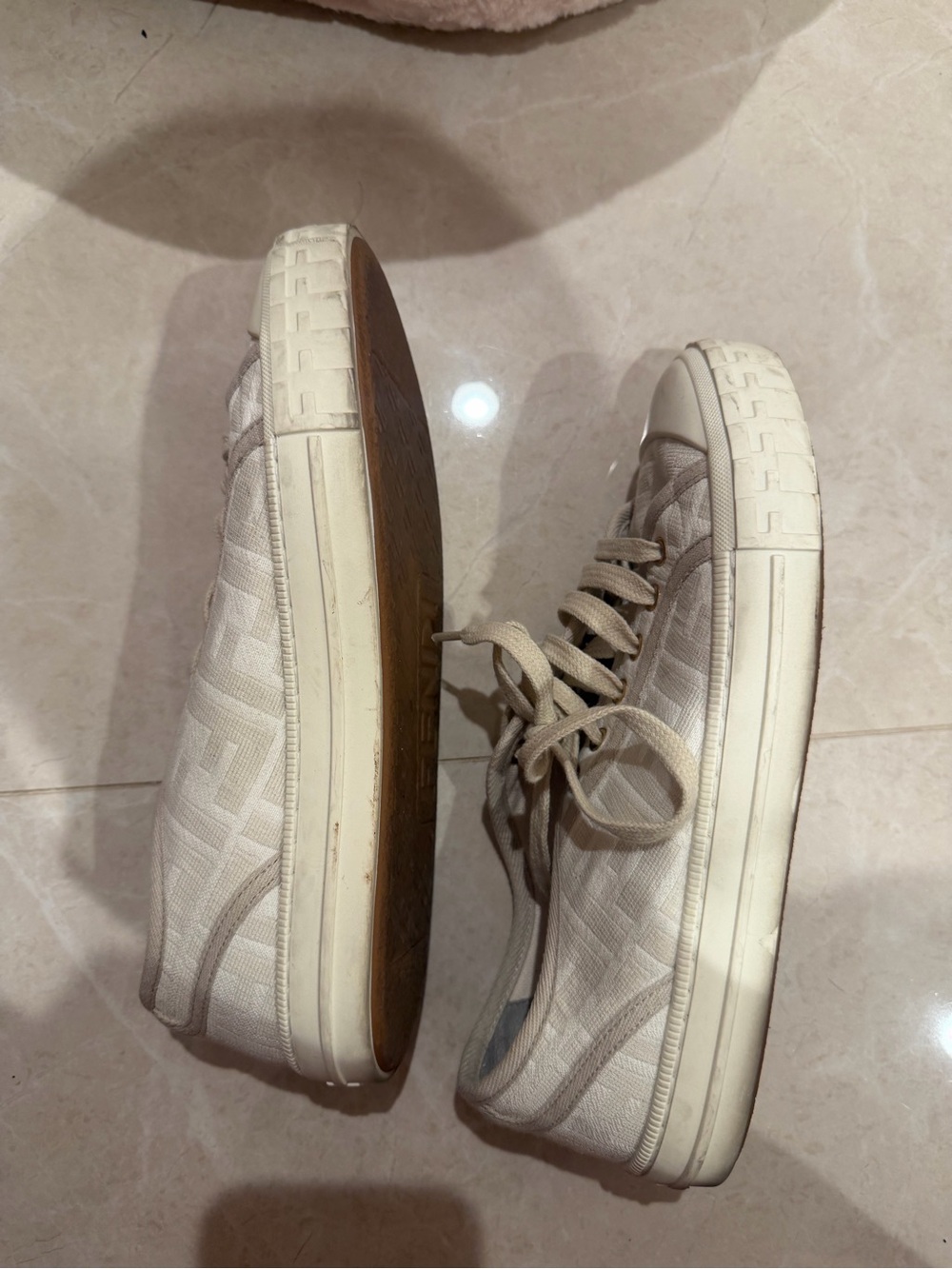 Fendi Ivory FF Logo Canvas Lace-Up Sneakers - Picture 5 of 6